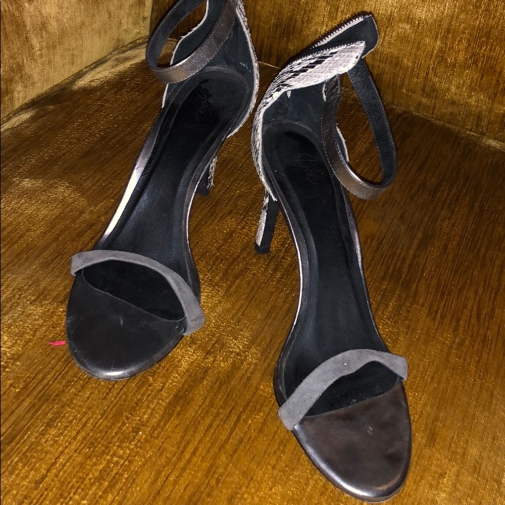 Charcoal suede and snake print sandals